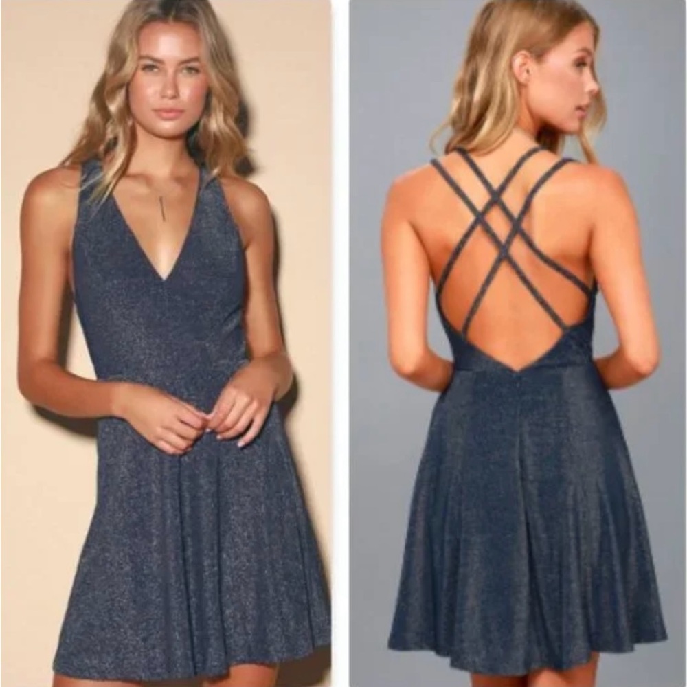 Lulu’s Shimmery Navy Skater Dress